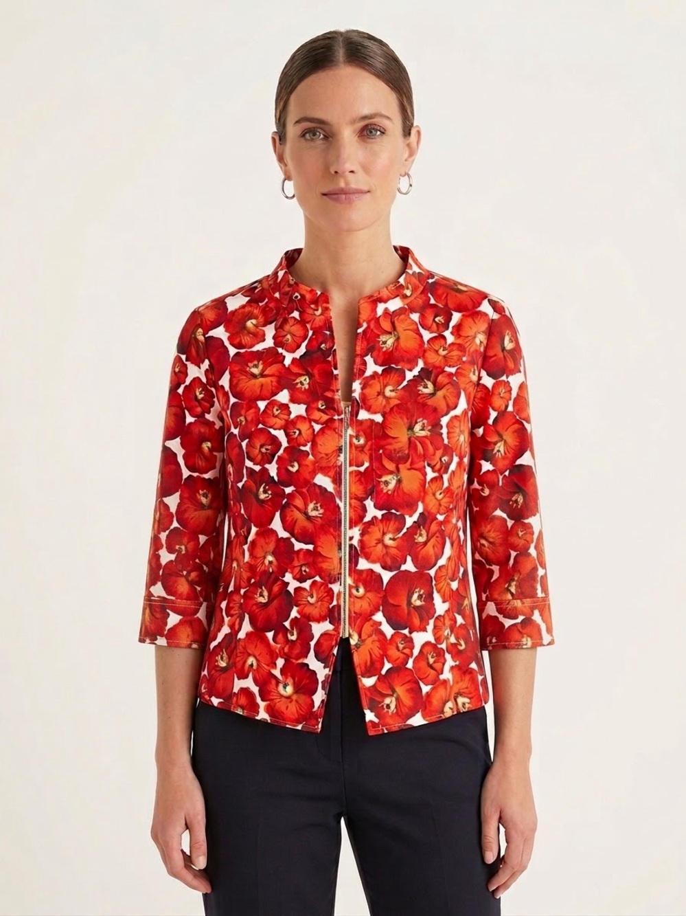 Neiman Marcus Exclusive Floral Print Zip Front Jacket Split Stand Collar